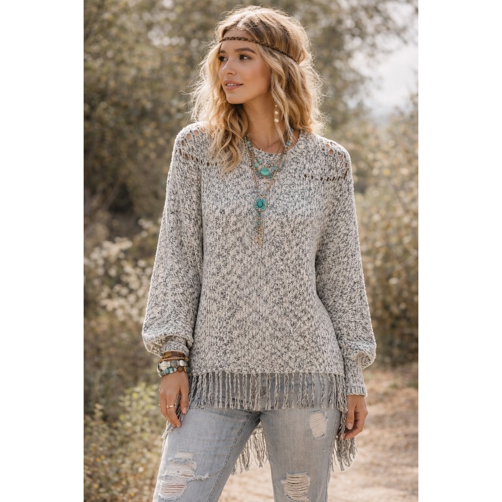 American Rag Crochet Open Knit Fringe Hooded Poncho Size M/L Boho Cottage Fairy